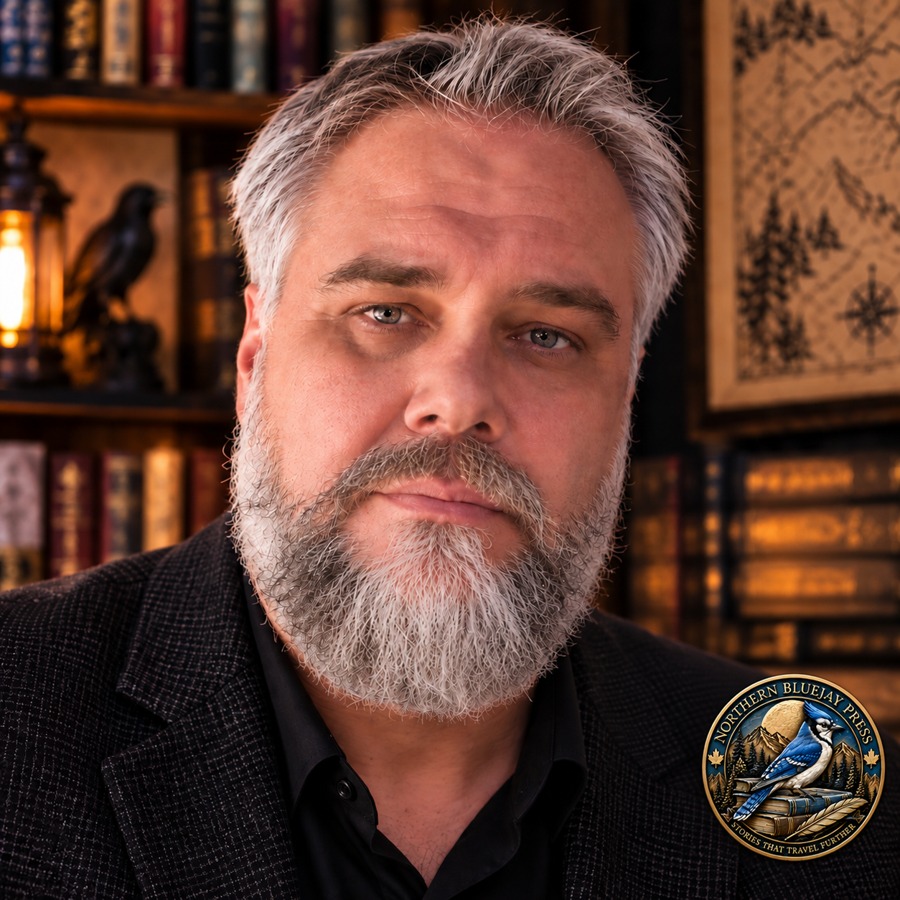 Sean Talbot, Canadian fantasy author, with the Northern Bluejay Press emblem